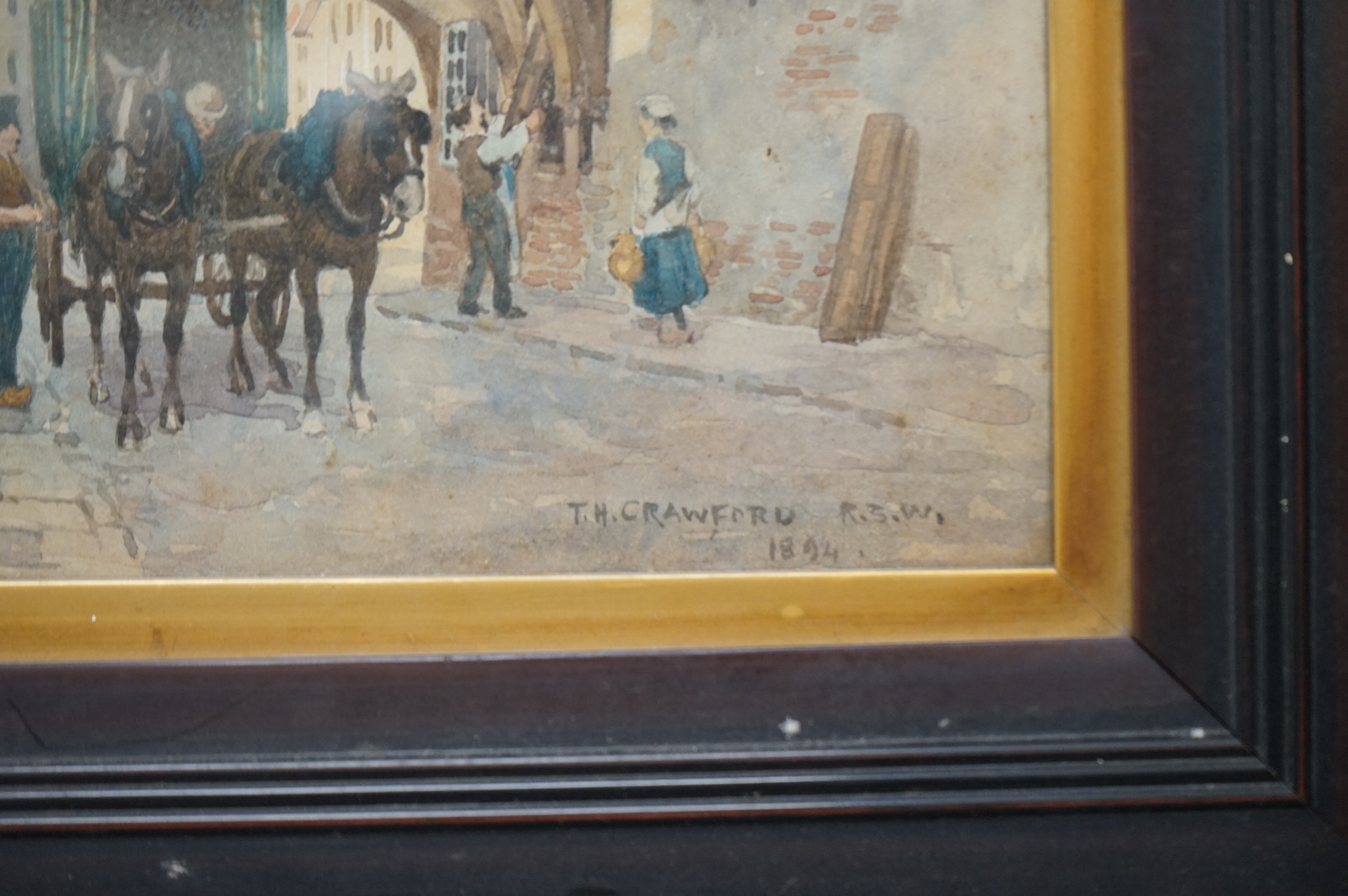 Thomas Hamilton Crawford RSW (1860-1934), watercolour, Street scene with horse and cart, signed and dated 1894, 24 x 17cm, housed in an ebonised frame